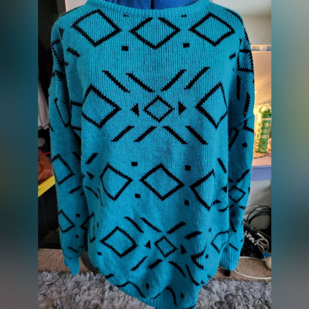 Vintage 90s Boundary Waters Aqua Blue & Black Sweater sz L